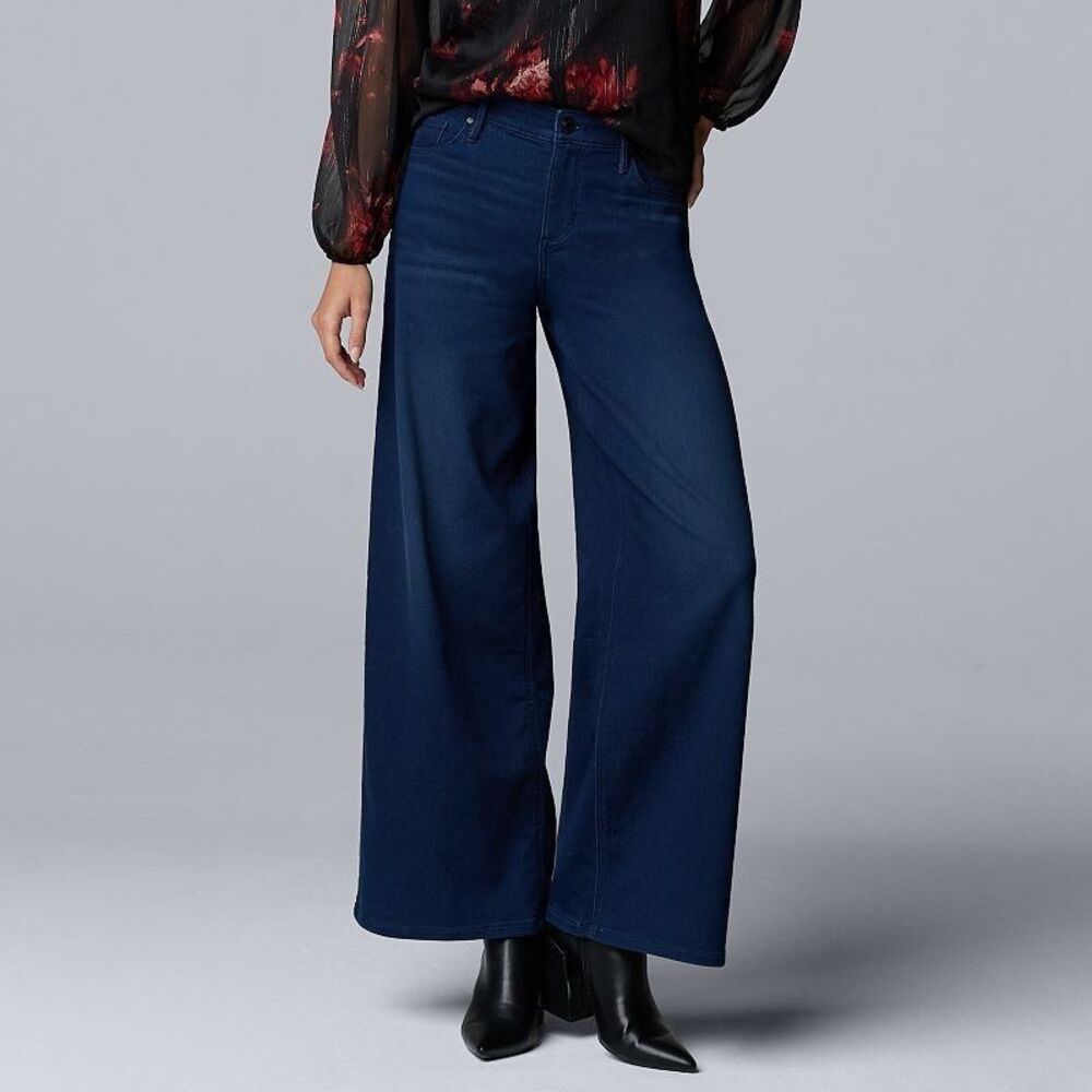Simply Vera Wang Mid-Rise Wide-Leg Knit Denim Jeans Womens 4 Blue Dark Wash NEW